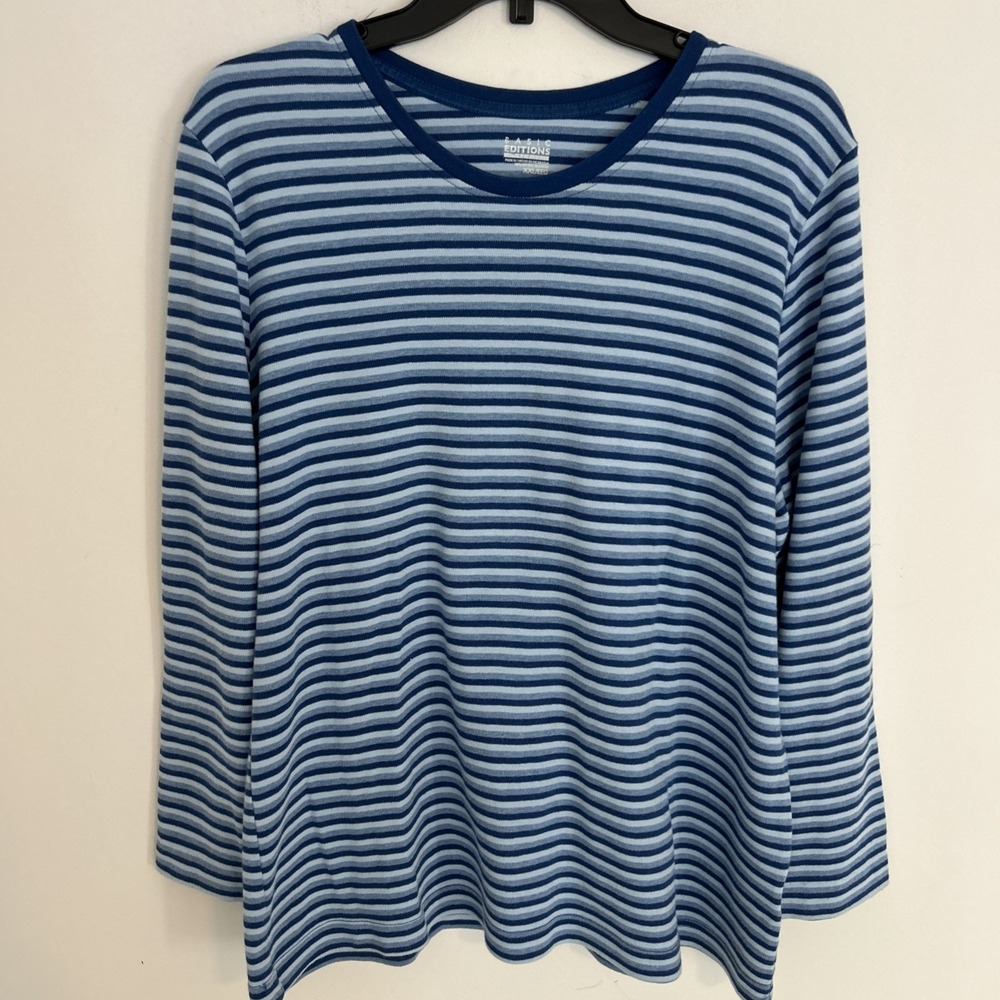 Basic Editions Women's XXL/EEG Long Sleeve Blue Stripe Soft 100% Cotton Pullover